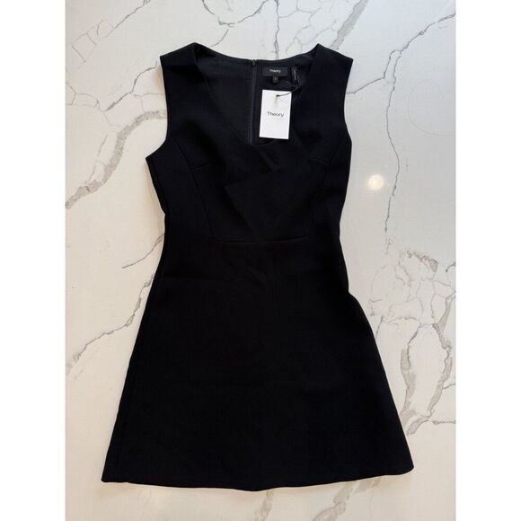 Theory NWT Scoop Flounce Dress in Black Double Crepe Size 0 - Picture 2 of 6